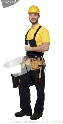 Image of confident positive manual worker thumbs up