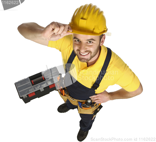 Image of standing caucasian handyman fun view from above