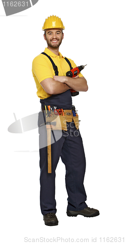 Image of handyman with drill on white background