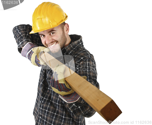 Image of young carpenter has fun at work