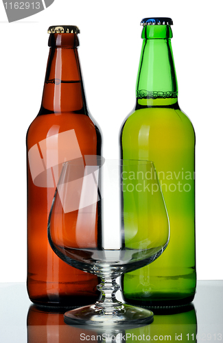 Image of Two bottles of beer and glass, isolated