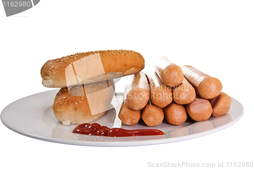 Image of Sausages with bread and ketchup
