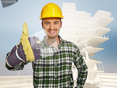 Image of smiling handyman and building background