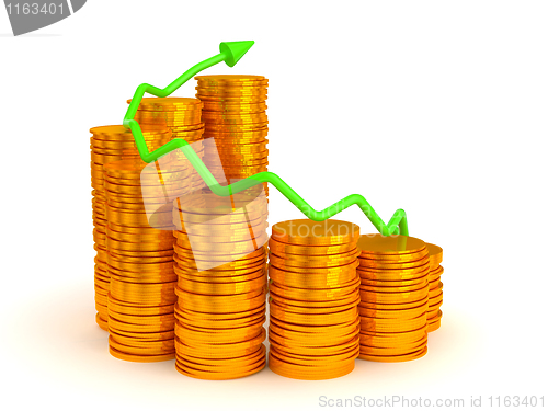 Image of Growth: green graph over golden coins stacks