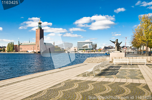 Image of Stockholm city hall and quay  in summer