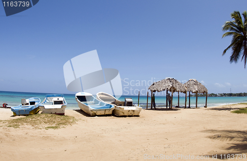 Image of fishing boats sandy beach view of brig bay Corn Island Nicaragua