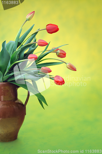 Image of Red tulips in old jug over colored background