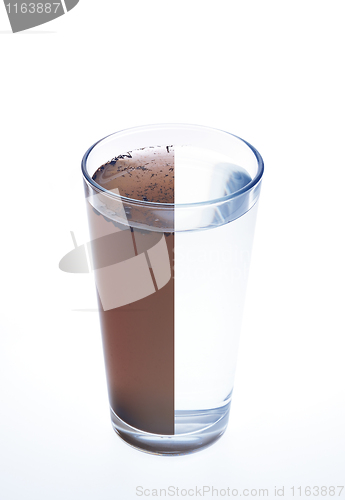 Image of Clean and dirty water in one glass isolated on white background