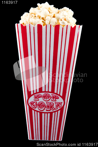 Image of Popcorn in bag with black background