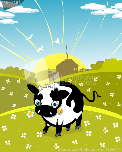 Image of Cartoon cow on the meadow