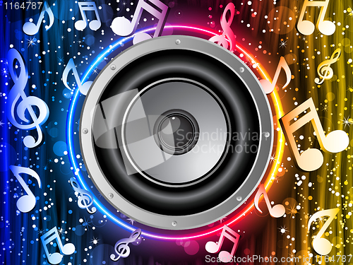 Image of Disco Speaker with Music Notes in Neon Rainbow Circle