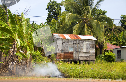 Image of garbage burning jungle clapboard house Corn Island Nicaragua
