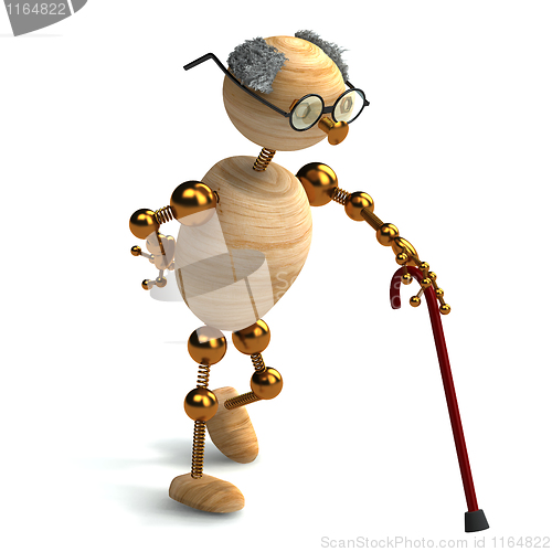 Image of 3d wood man old with walking stick