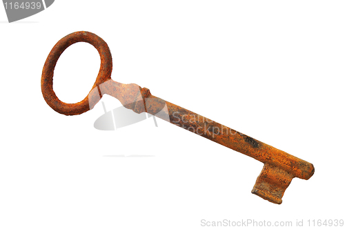 Image of Old rusty key isolated on white background.