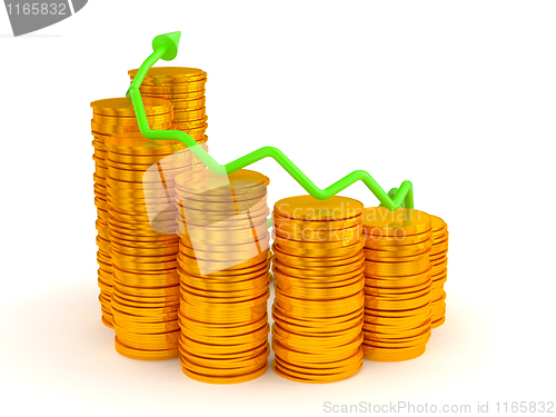 Image of Wealth and growth: green graph over golden coins stacks 