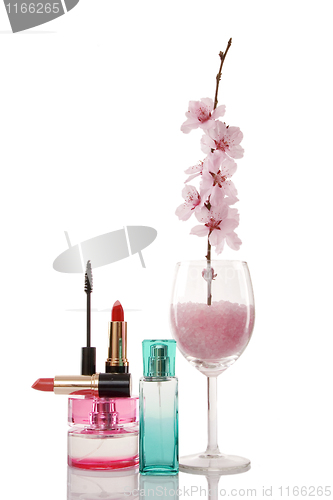 Image of cosmetics and cherry flower