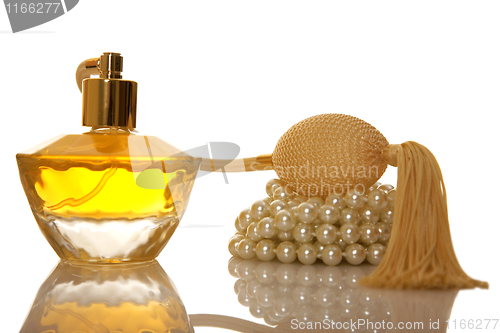 Image of Perfume in a glass bottle and pearl beeds