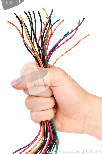 Image of Bunch of different colored wires gripped in fist