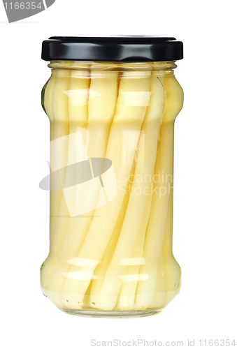 Image of Asparagus stems marinated in glass jar