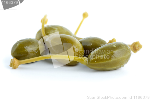 Image of Close-up shot of few marinated capers fruits