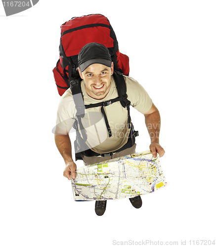 Image of man with backpack and map