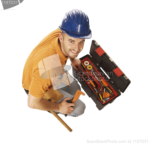 Image of handyman and toolbox isolated on white
