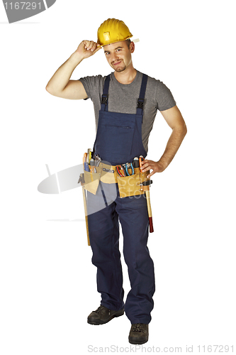 Image of confident manual worker on white