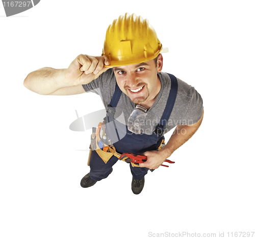 Image of smiling manual worker on white