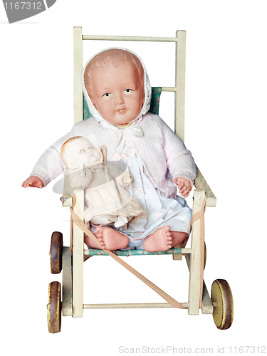 Image of Antique Dolls Pushchair with two dolls 