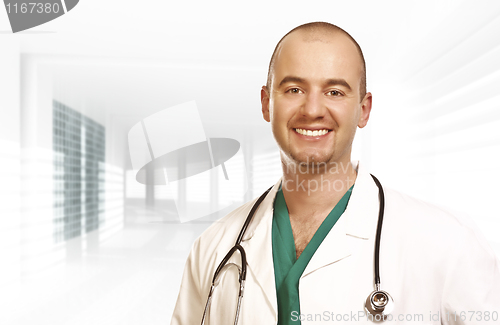 Image of confident young doctor modern background