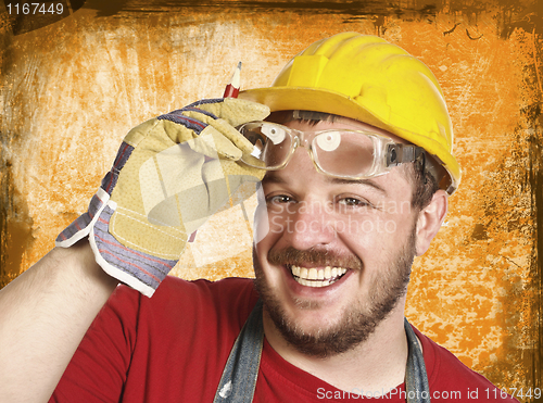 Image of handyman with protection glass