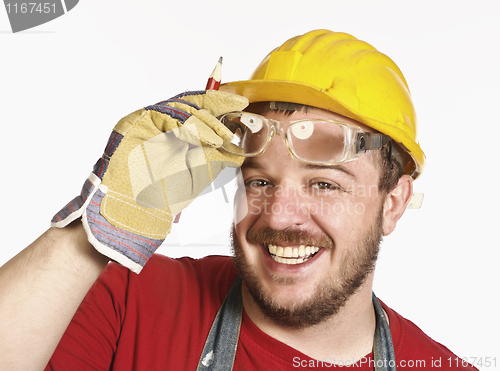 Image of handyman with protection glass