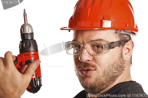 Image of handyman has fun with drill