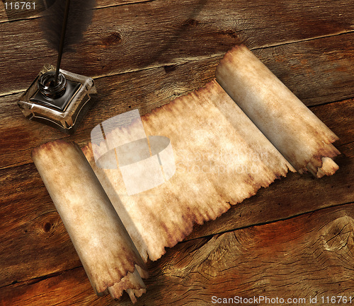 Image of Roll of parchment on wooden table 3D still-life