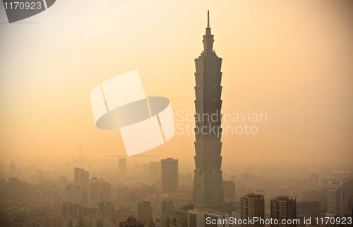 Image of Taipei with heavy smog at sunset