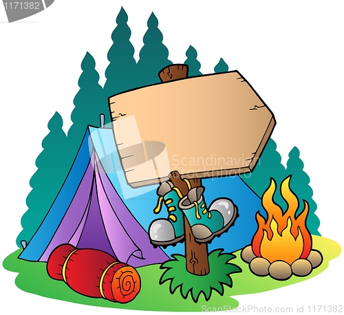 Image of Camping wooden sign near tent