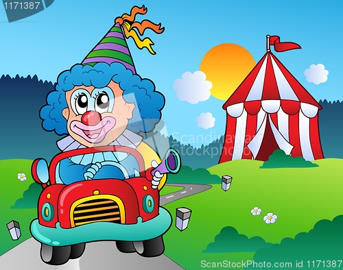 Image of Cartoon clown in car near tent