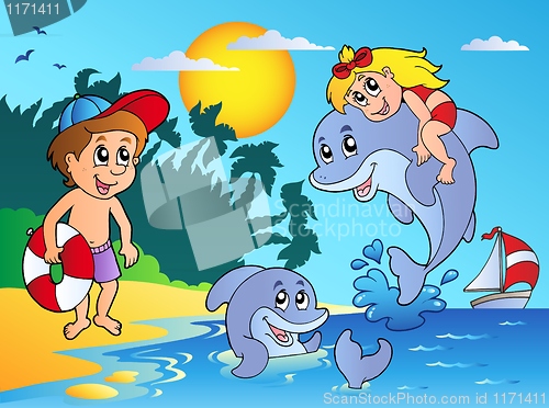 Image of Summer beach with kids and dolphins