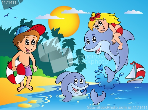 Image of Summer beach with kids and dolphins