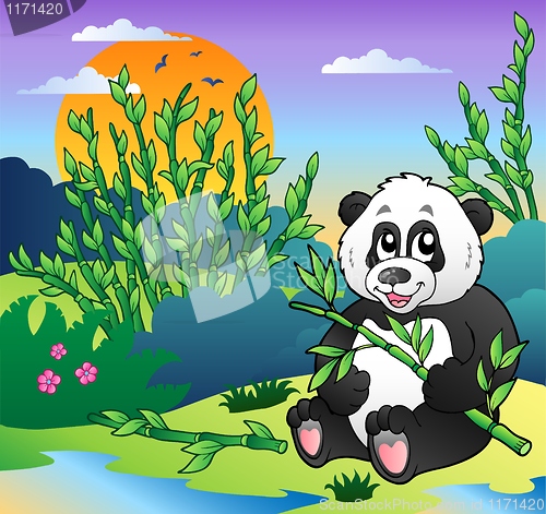 Image of Cartoon panda in bamboo forest