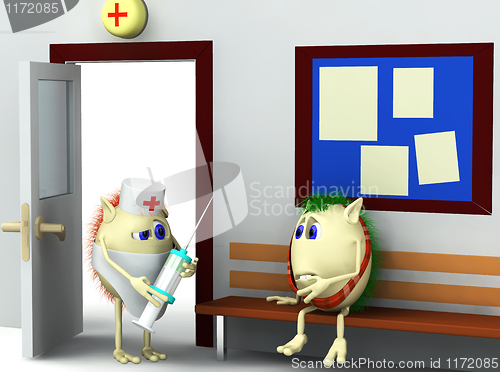 Image of 3d character and doctor in the hospital
