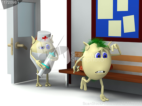 Image of 3d character  is running away form doctors room