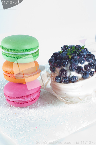 Image of Macarons and blueberry cake