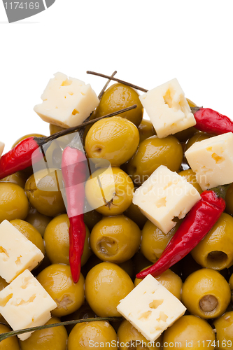 Image of Olives and chili pepper and shards sheep cheese