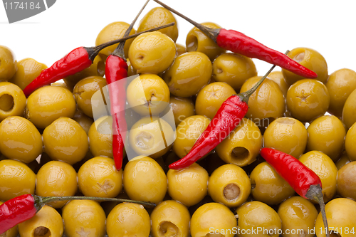 Image of Pile of olives with red chili pepper