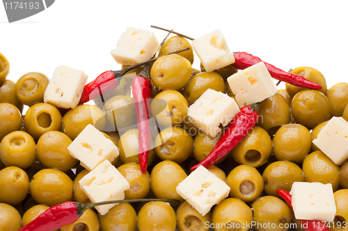 Image of Pile of olives and chili pepper and sheep cheese