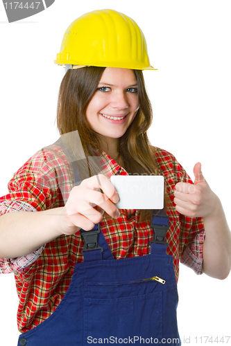 Image of Young friendly craftswoman with businesscard