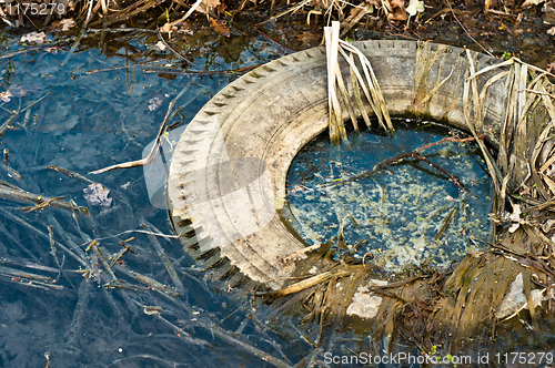 Image of Large truck tire dumped in the water