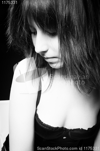 Image of Beautiful girl in black lingerie in black and white