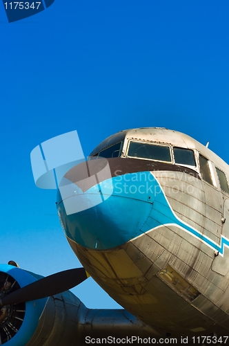 Image of Close up view of a propeller airplane